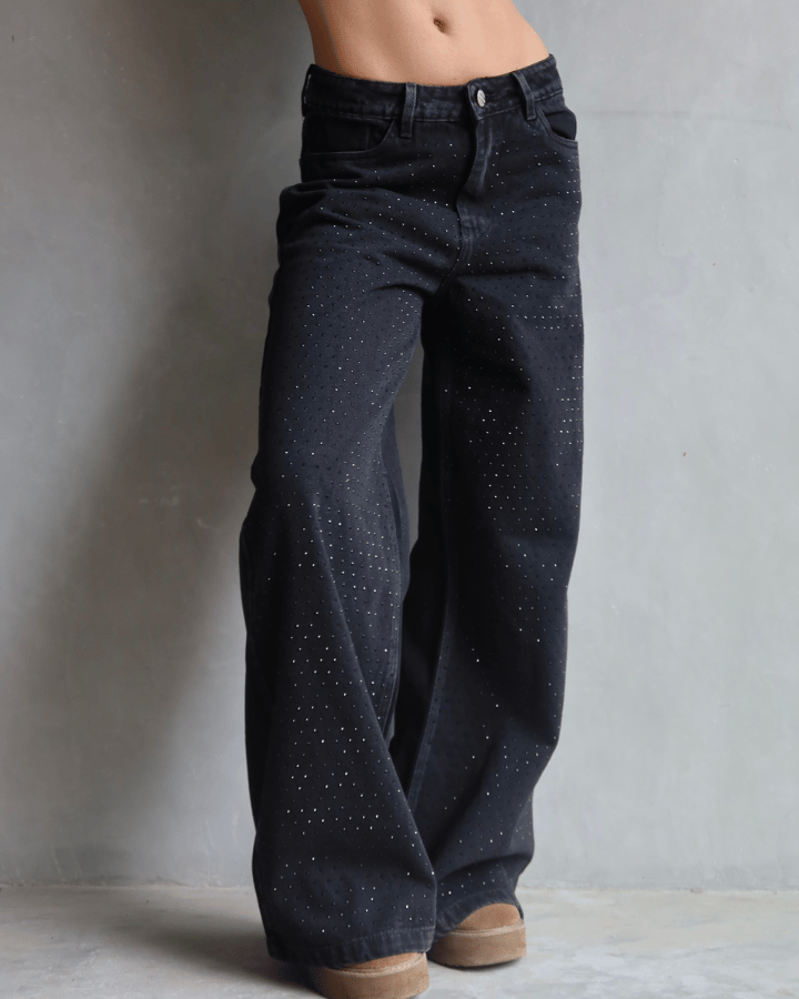 Jeans wide leg negro con brillos mujer LUXUR Jeans Colombia